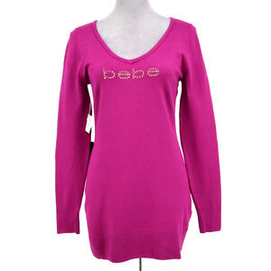 Bebe Sweater Womens XL Pink Sequins Stretch Knit Tunic V-neck Open Back New